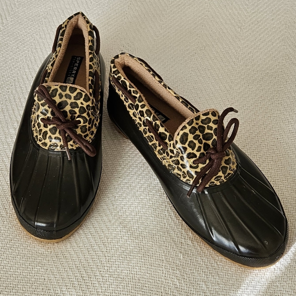 Sperry Topsider Duck Shoes Brown Leopard, Size 10